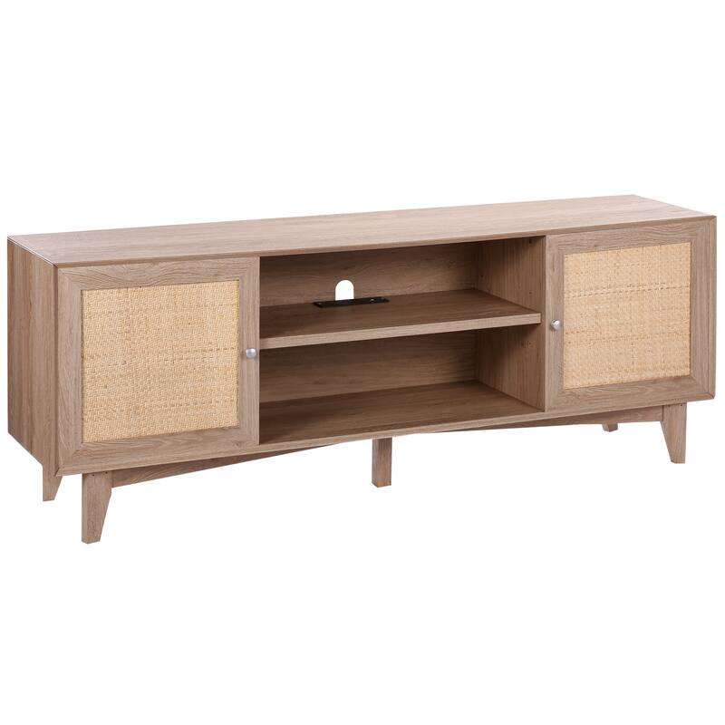 Rattan TV Stand, Mid Century Modern TV Stand, Boho Rattan TV Cabinet with Build-in Socket and USB Ports, Adjustable Shelfs - 65x15.7in - Oak
