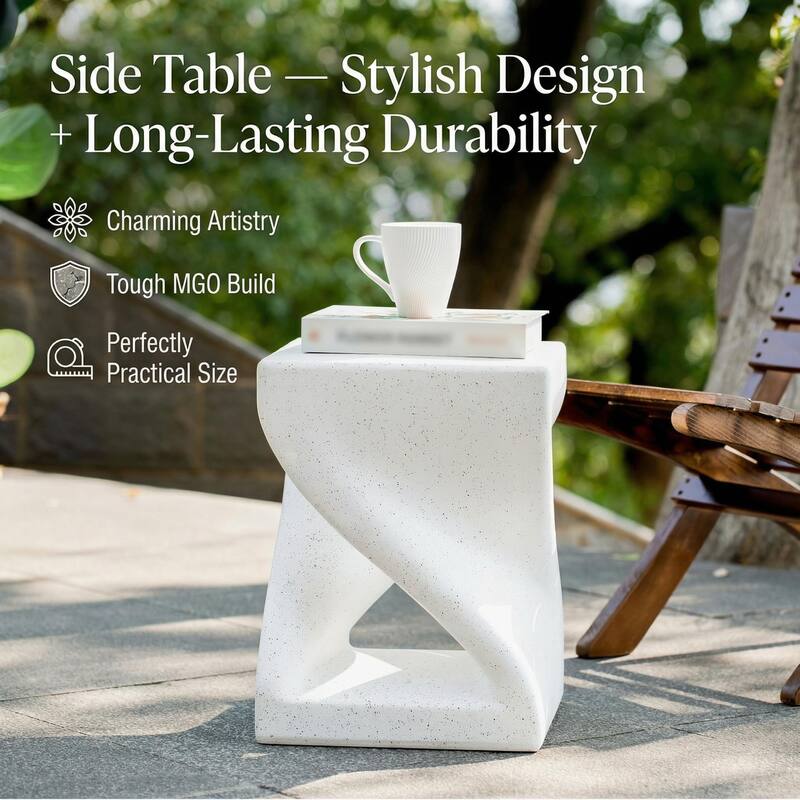 Outdoor White Marble Modern Twisted-Base Terrazzo-Speckled All-Weather MGO Side Table, Indoor End Table for Home