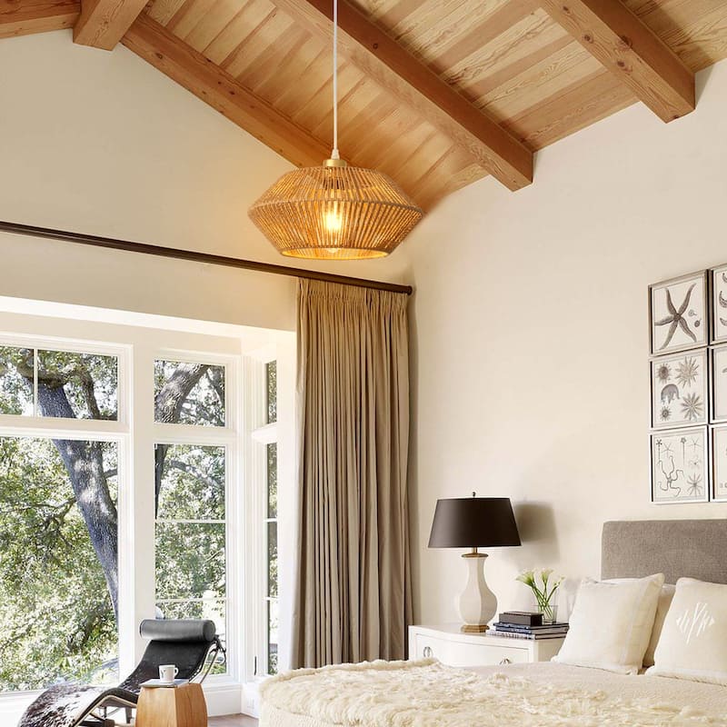1-Light Modern Semi Flush Mount Chandelier, Handmade Rattan Hanging Pendant Light for Kitchen Island - W12.59"x H5.7"