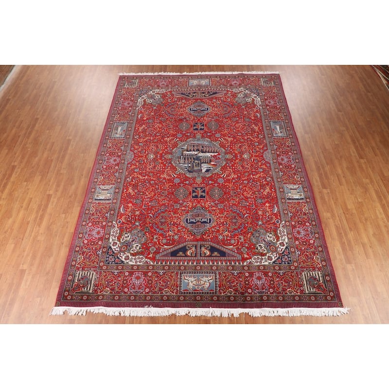 Red Pictorial Animals Kashan Turkish Area Rug Machine Made Carpet - 9'7" x 13'2"