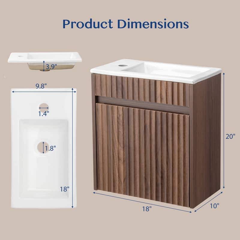 18'' Basin Cabinet Walnut Wall Mounted with Sink Top