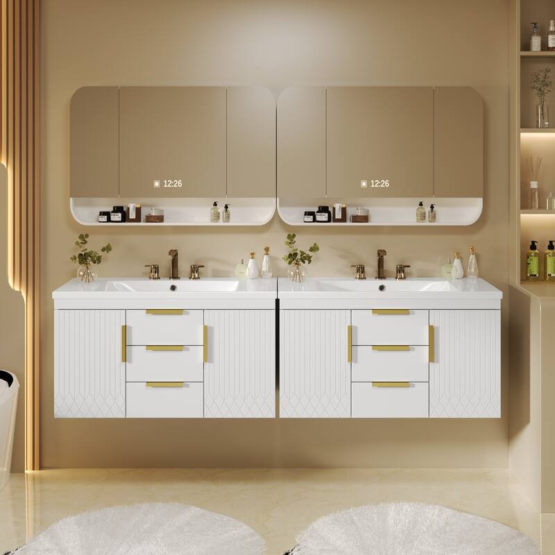 Floating Vanity Bathroom with Sink, Solid Wood Bathroom Storage Cabinet, Wall Mounted Bathroom Vanity with 2 Doors & 2 Drawers