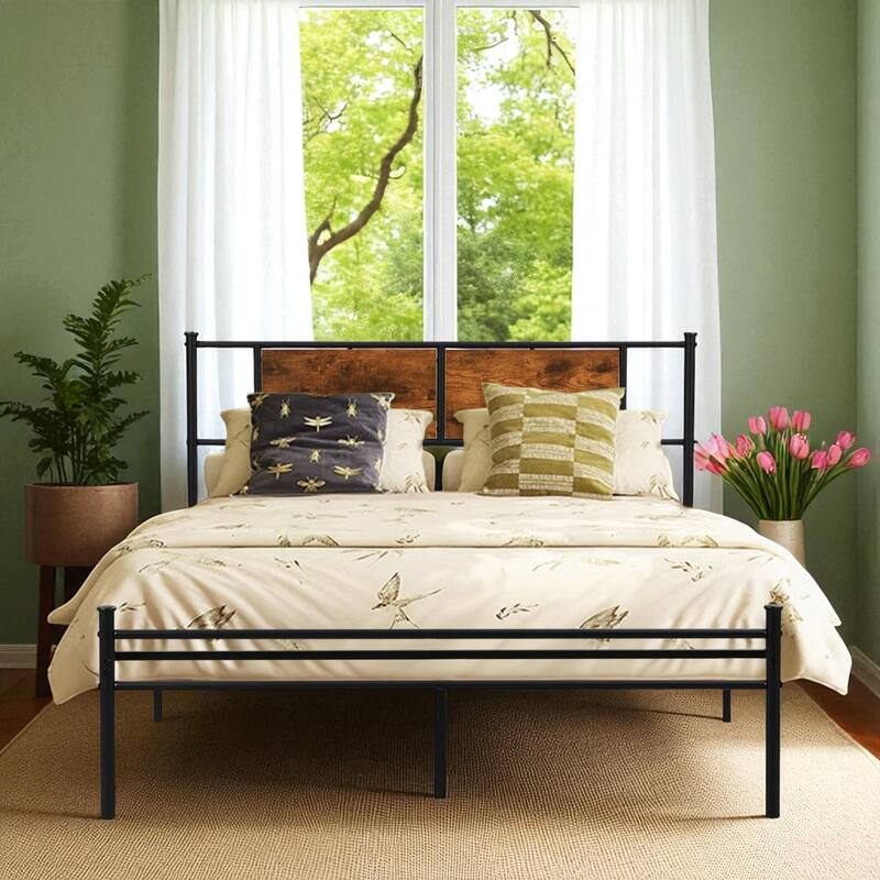 Full/King Size Metal Platform Bed Frame with Wood Panel Headboard, Heavy-Duty Steel Slats, Underbed Storage - Black Brown - Full