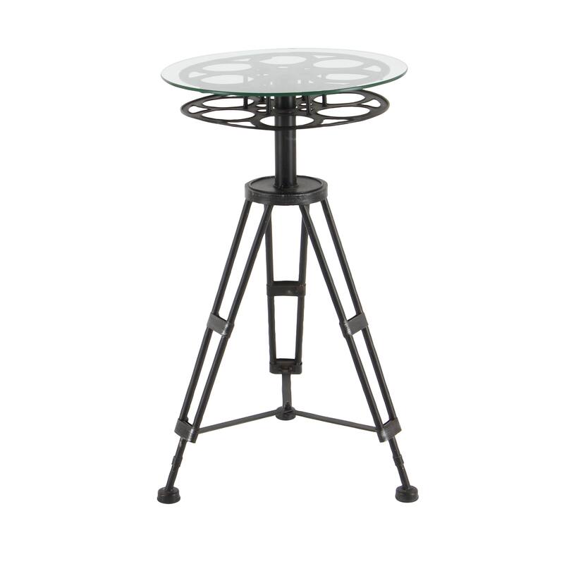 Black Metal Film Reel Accent Table with Tripod Legs and Glass Top