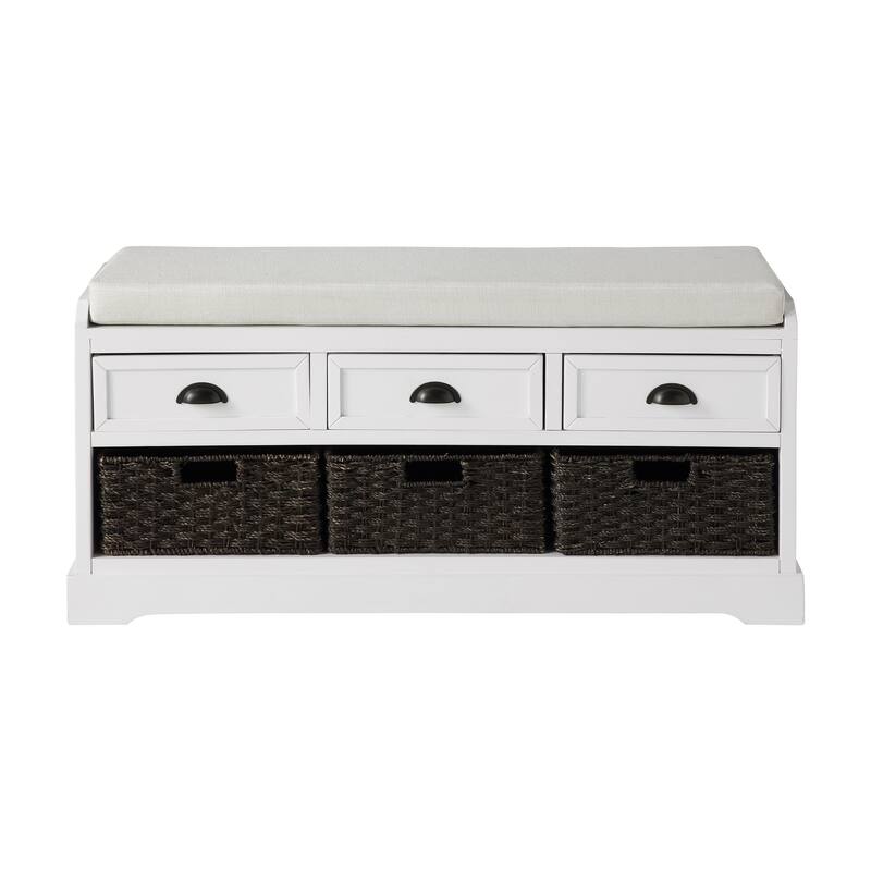 Shoe Bench with 3 Drawers & 3 Woven Baskets, Freestanding Wood Storage Bench, Entryway Bench with Removable Cushion