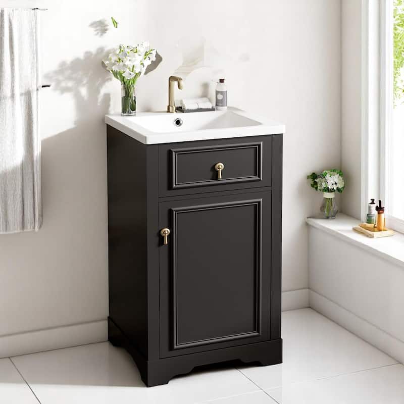 Freestanding 20" Bathroom Cabinet with Ceramic Basin, Undermount Sink, Door Rack & Faux Drawer Design - Black