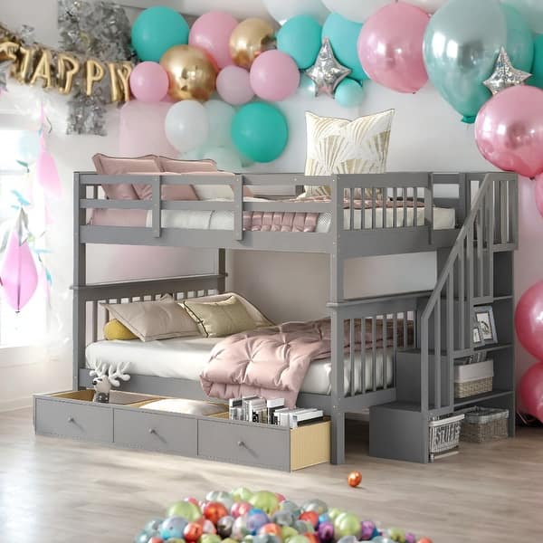 slide 2 of 11, Modern Full Over Full Bunk Bed With Drawer,Storage and Guard Rail For Bedroom,Dorm,Kids