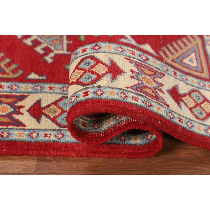 Red Geometric Kazak Oriental Accent Rug Handmade Wool Carpet - 2'8" x 3'11"