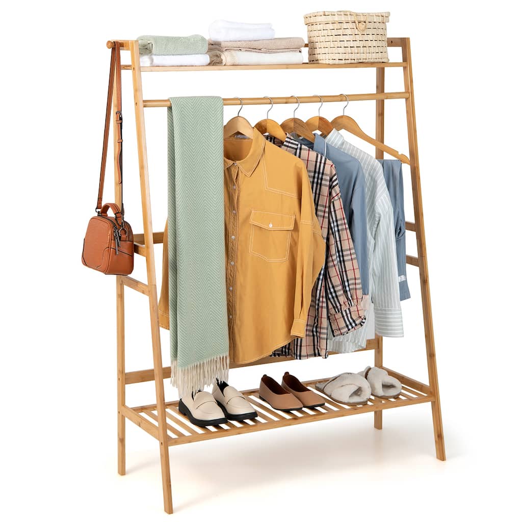 Costway 2-Tier Bamboo Garment Rack Clothing Storage Organizer Coat - See Details