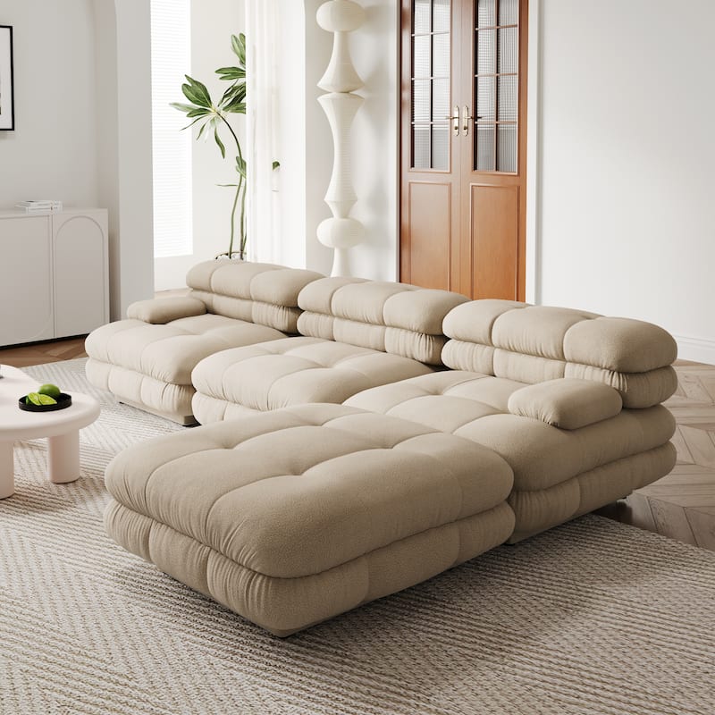 109'' Teddy Velvet Fabric Sectional Sofa L-Shaped Couch with Ottoman