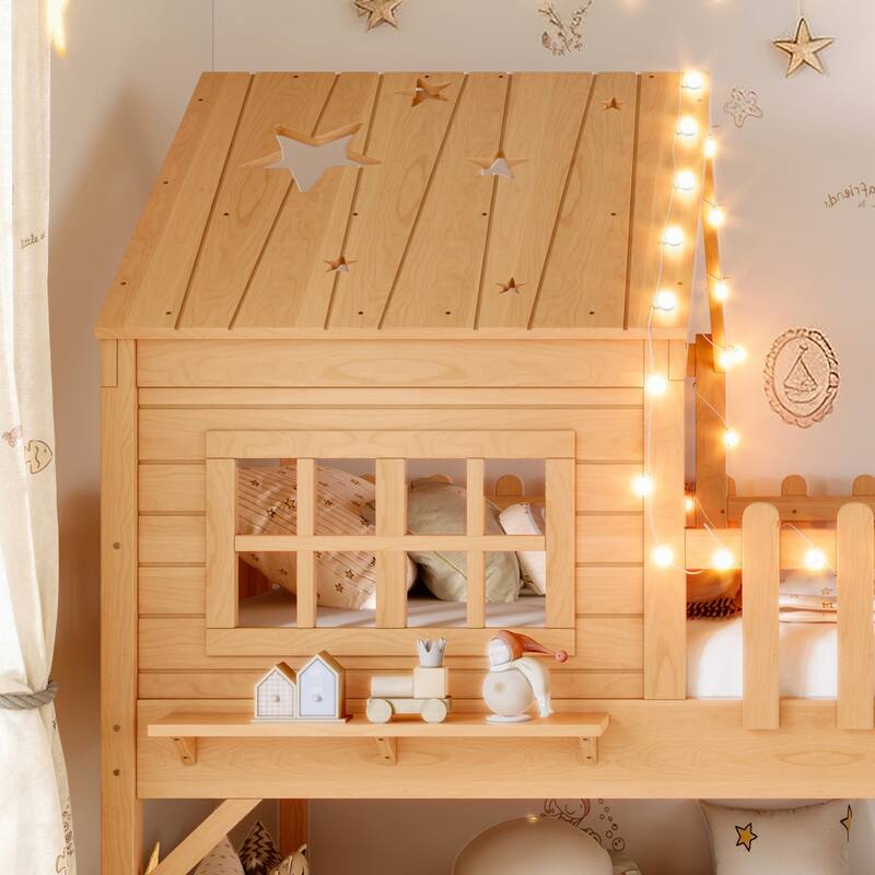 Twin Size House Loft Bed with Slide,Playhouse Bed with Star Moon-shaped Designs and Window, Chic Design with LED Lights