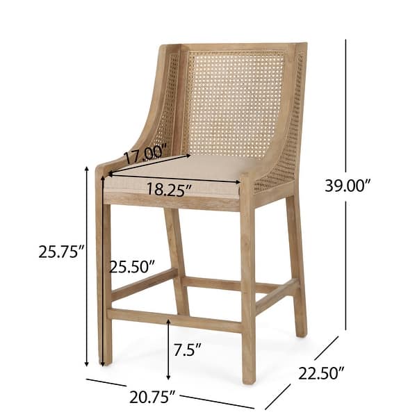 dimension image slide 0 of 3, Christopher Knight Home Cataldo Fabric Upholstered Wood and Cane 25.5-Inch Counter Stools (Set of 2)