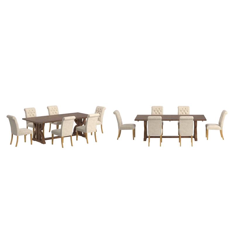 Bratislava Reclaimed Wood Table with Rolled Top Tufted Chairs Dining Set