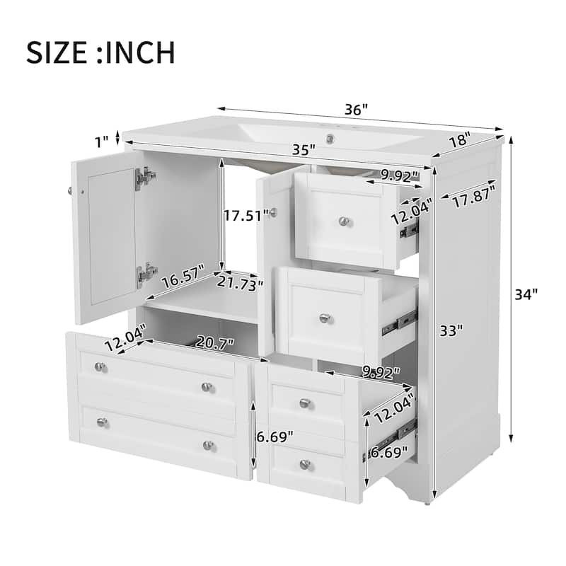 36 " Bathroom Vanity with Sink with 4 Drawers and Shelves