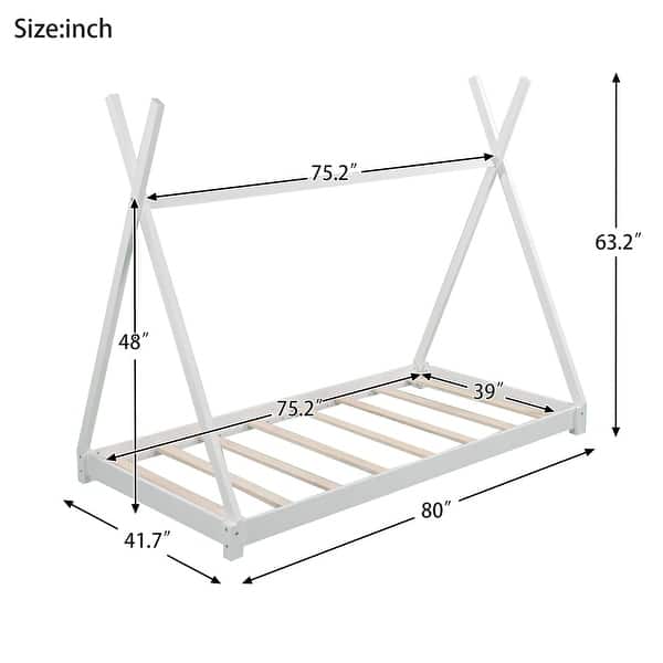 dimension image slide 1 of 2, Twin House Platform Kids Bed Frame with Triangle Design and Safety Railings, White