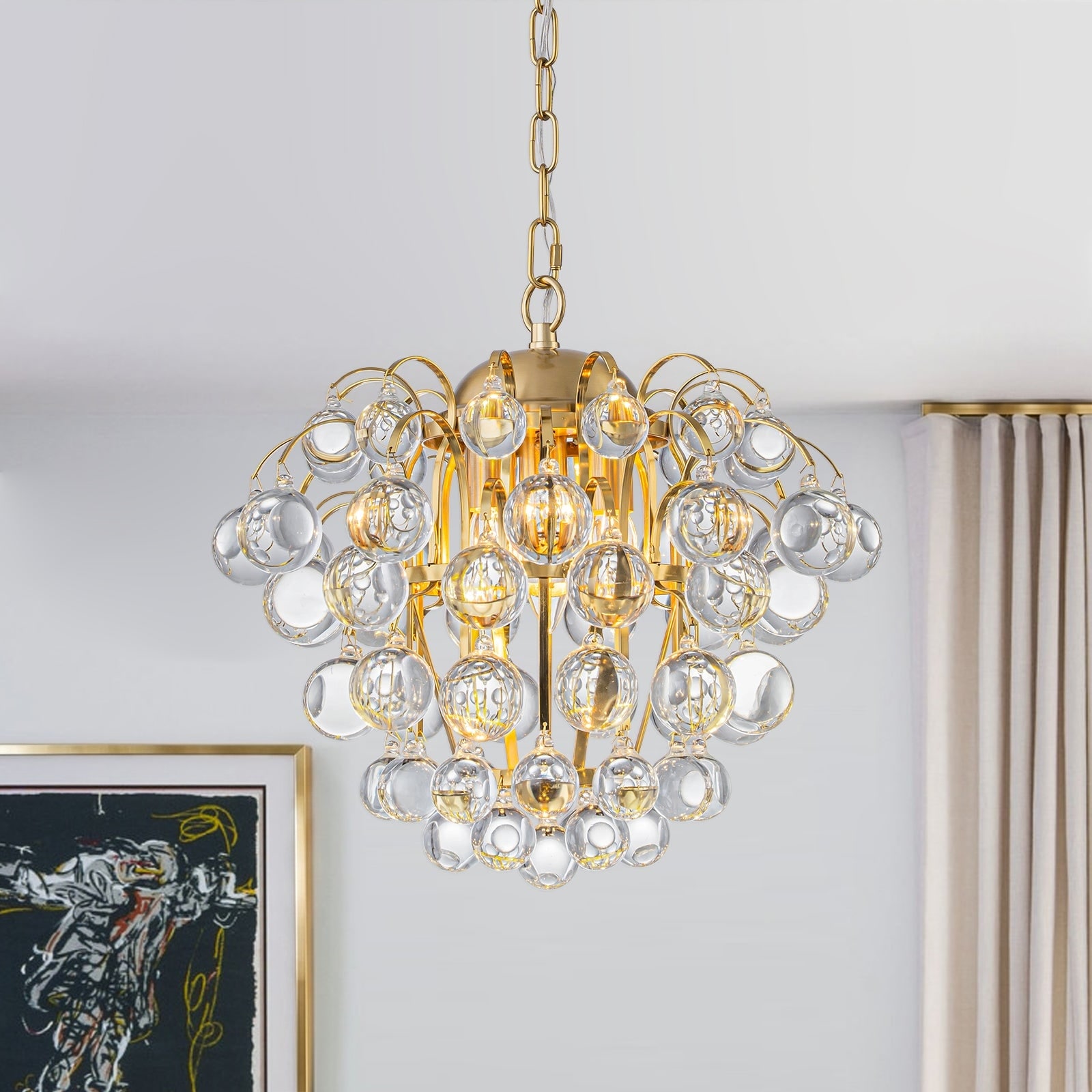 Mid-Century Luxe Brass Tiered Cluster Crystal Drop Chandelier - 15.7 Inches