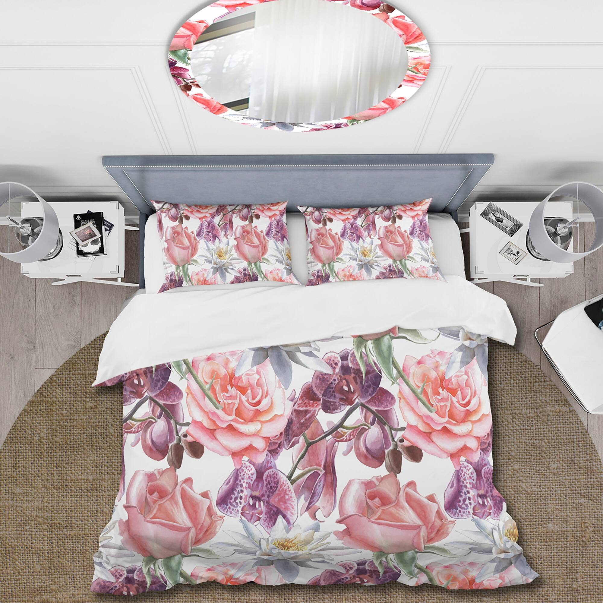 Designart 'Rose Orchid And Lily On White' Traditional Duvet Cover Set