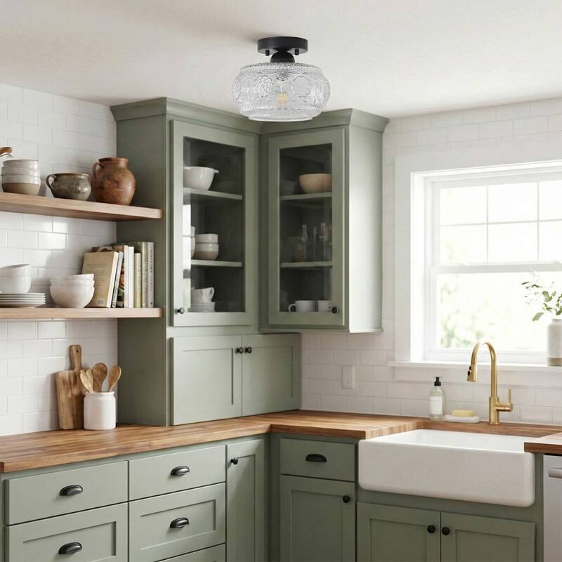 Modern Matte Black Painted Iron Clear Glass One Light Flush Mount Ceiling Light 9.45 Inch Diameter