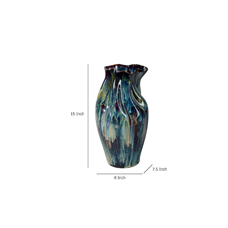 Fera Decorative Flower Vase, Ruffled Edge, 15 Inch Shiny Blue Ceramic
