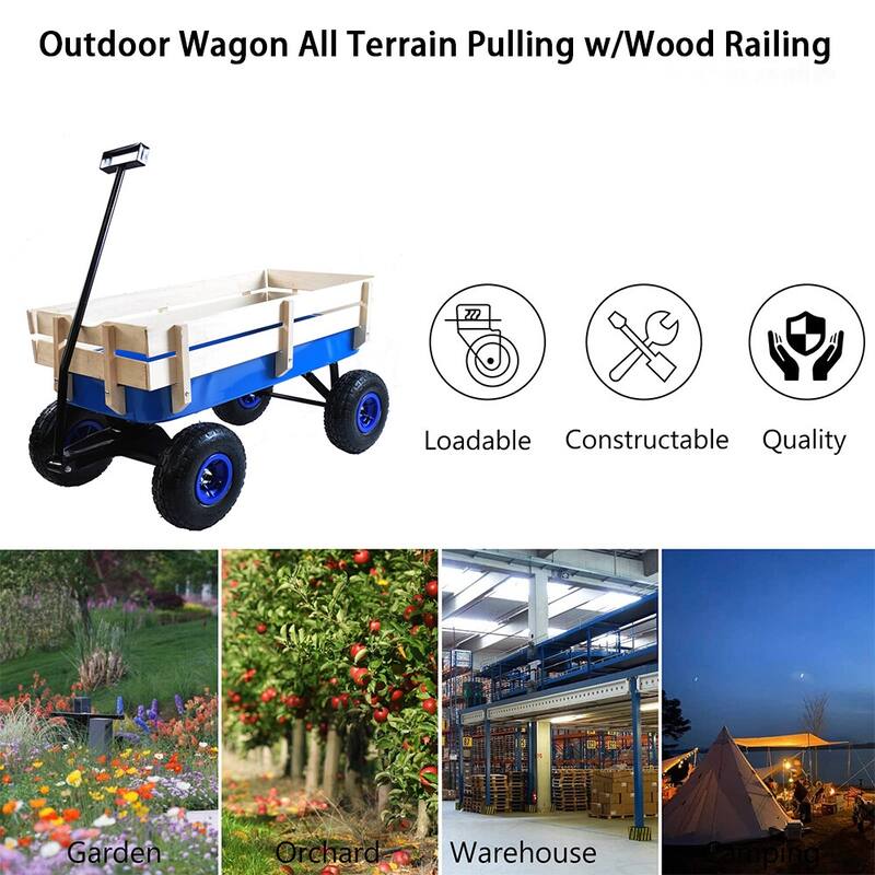 Outdoor Garden Cart, All Terrain Cargo Wagon Wood Railing Children - 39.37" x 19.3" x 20.28" (L x W x H)