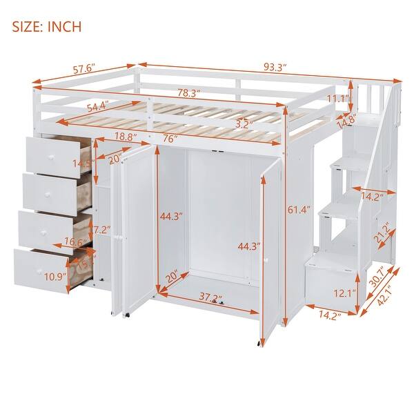 dimension image slide 1 of 2, Full Size Wood Loft Bed with Built-in Wardrobes, Cabinets and Drawers, Multi-Functional Bed Frame with Storage Space Staircase