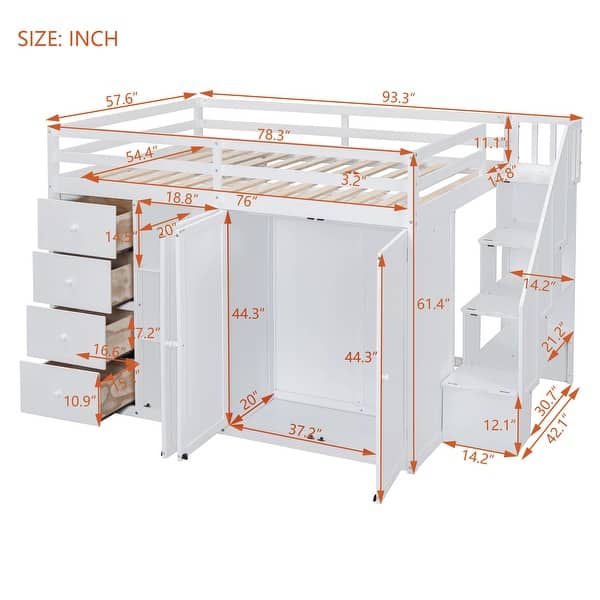 dimension image slide 1 of 2, Loft Bed Full Size Heavy Duty Loft Bed Space-Saving Loft Bed with Storage Stairs, Guardrail, Cabinet, Wardrobe, 4 Drawers
