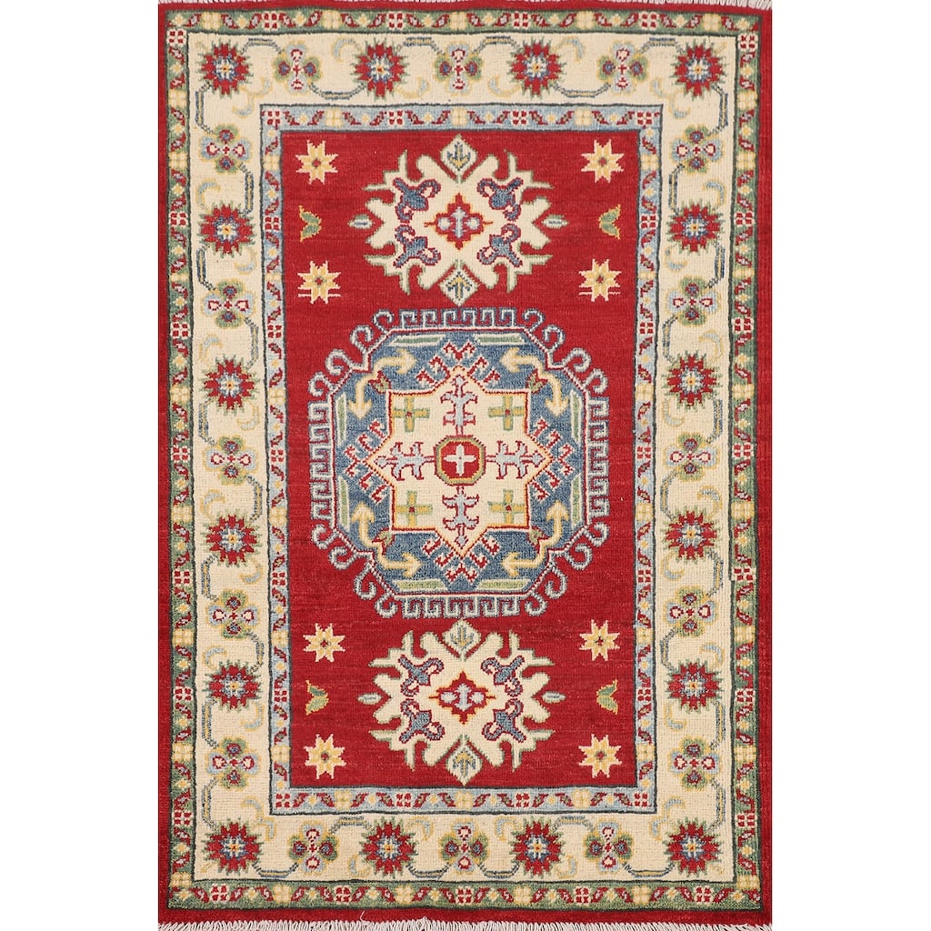 Red Geometric Kazak Foyer Rug Hand-Knotted Wool Carpet - 2'10" x 4'2"