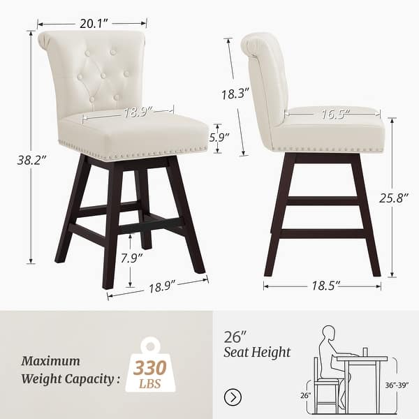 dimension image slide 3 of 6, 26 in. Set of 3 Upholstered Bar Stools Counter Height Barstool 360° Swivel with Curved Backrest, Armless Stool