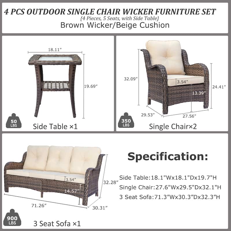 Outdoor Brown Wicker Patio Furniture Seating Sets with Beige Cushions