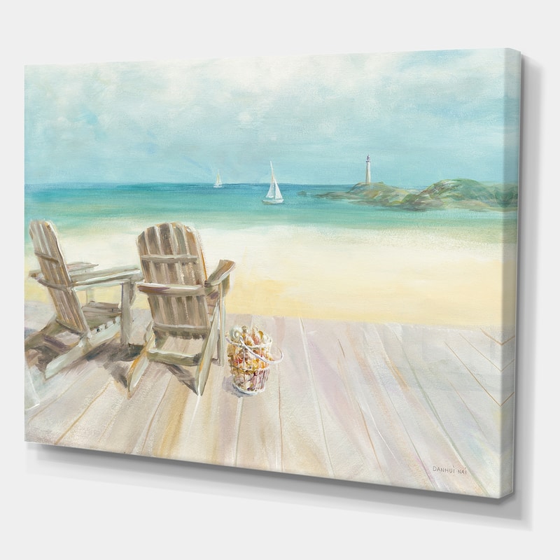Designart "Seaside Morning no Window" Coastal Gallery-wrapped Canvas - Blue