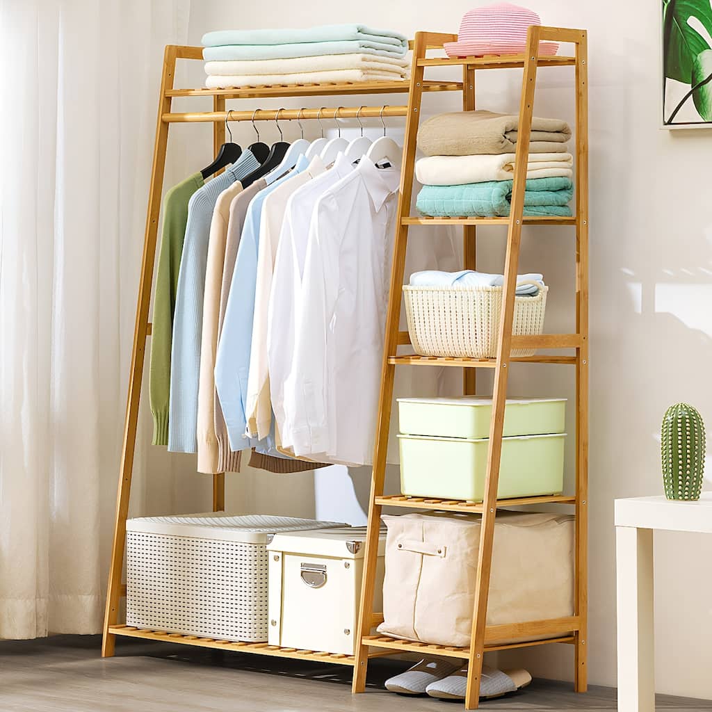 Bamboo Clothing Garment Rack Free Standing Clothes Coat Hanger