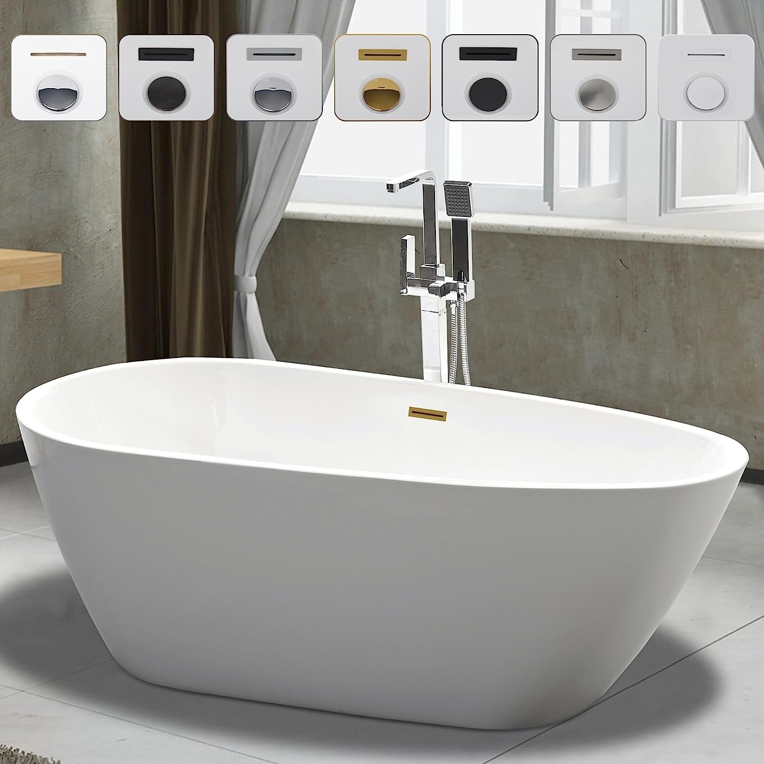 Vanity Art Bayonne 59" Acrylic Freestanding Soaking Bathtub with Center Drain, Overflow & Pop-Up Drain Included