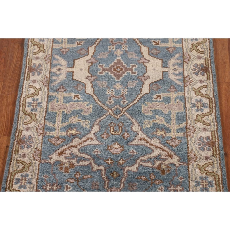 Blue & Ivory Oushak Indian Foyer Rug Handmade Wool Carpet - 2'8"x 6'1"