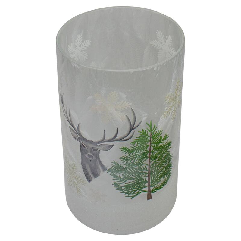 10" Deer, Pine Snowflakes Painted Flameless Glass Candle Holder