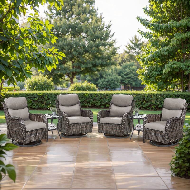 Pocassy Outdoor Glider Chairs Table with 5Inch 6Inch Cushion - Brown Wicker Grey Cushion - 6PCS Swivel Chair Table with 5 Inch Cushion