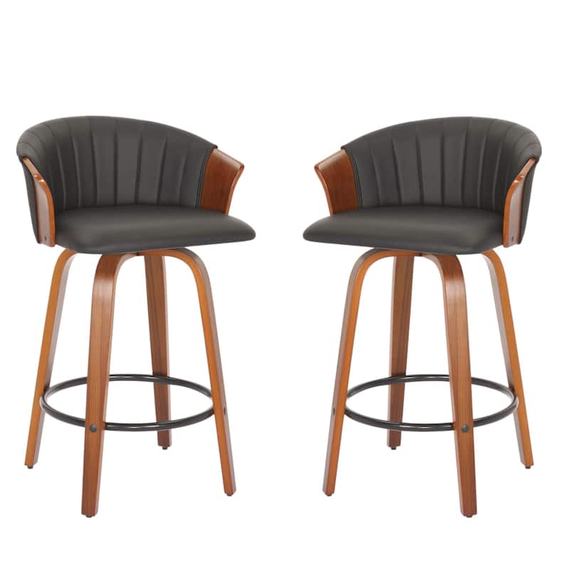 HomeRoots Set of Two 26" Black and Brown Faux Leather and Solid Wood Low Back Counter Height Bar Chairs
