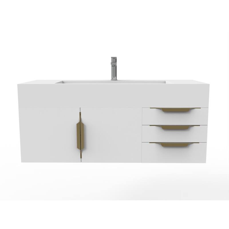 Nile 48" Wall Mounted Bathroom Vanity Set w/ White Top - White - Gold Finish