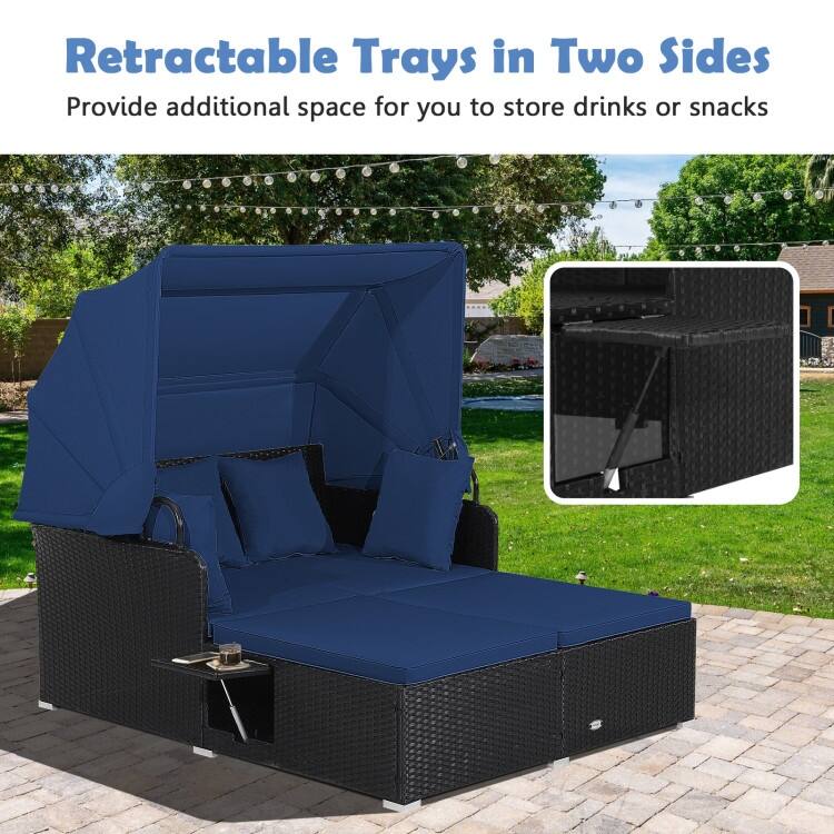 Outdoor Patio Daybed with Canopy and Foldable Side Trays - 65" x 60.5 x 58.5"