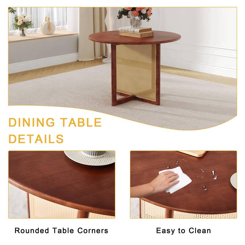 5-Piece Wooden Dining Table Set, Farmhouse Round Dining Table Set with 4 Fabric Dining Chairs for Kitchens, Small Spaces