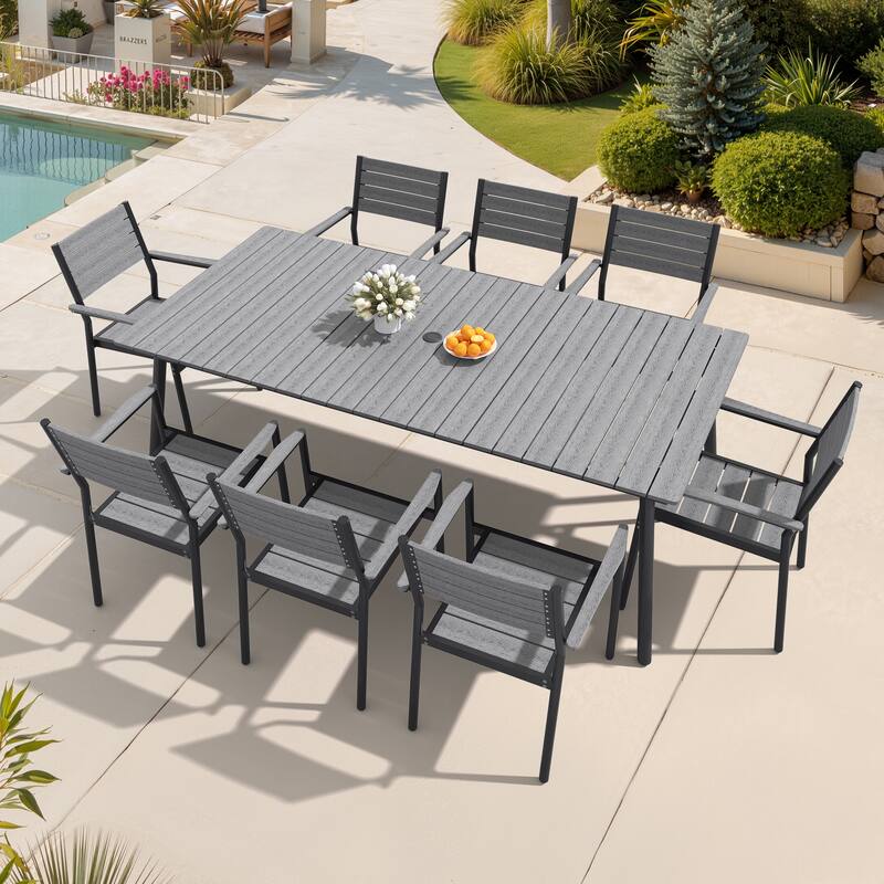 7/9-Piece Outdoor Patio Dining Set Aluminum Dining Table with Umbrella Hole and Stackable Armchairs - Dark Grey - Set of 9