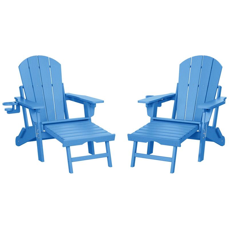 Laguna Outdoor Folding Adjustable Adirondack Chair with Cup Holder & Hideaway Ottoman (Set of 2) - Pacific Blue