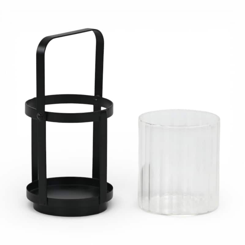 Vortial Fluted Glass Candle Lantern with Black Metal Frame