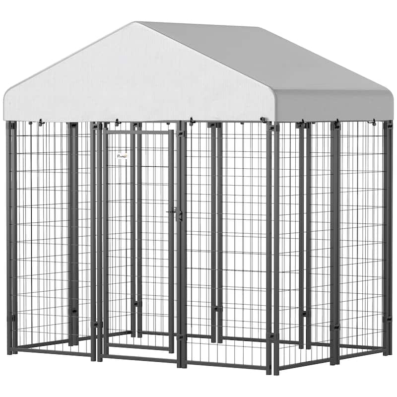 Silver-Black Steel Outdoor Dog Kennel with PE Cover and Secure Door - 70.8"W x 48"D x 72"H