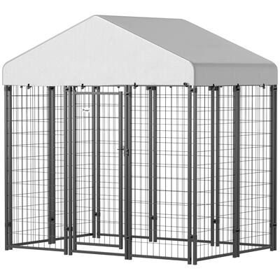 Silver-Black Steel Outdoor Dog Kennel with PE Cover and Secure Door - 70.8"W x 48"D x 72"H