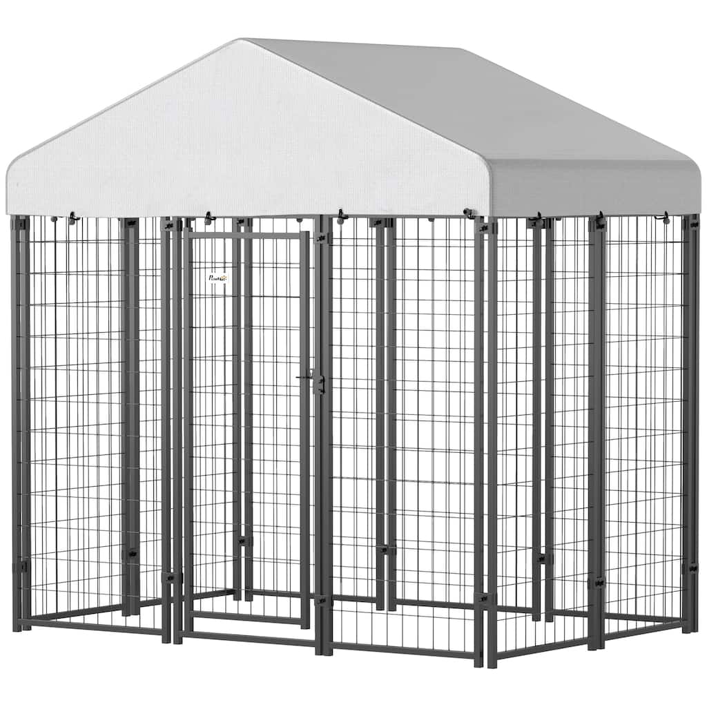 Silver-Black Steel Outdoor Dog Kennel with PE Cover and Secure Door - 70.8"W x 48"D x 72"H