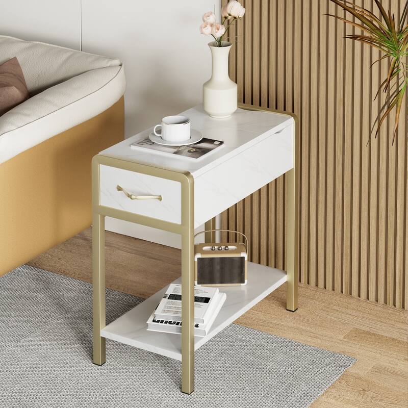 Narrow Side Table with Charging Station Drawer and Storage - 12.5"D x 23.6"W x 24.4"H