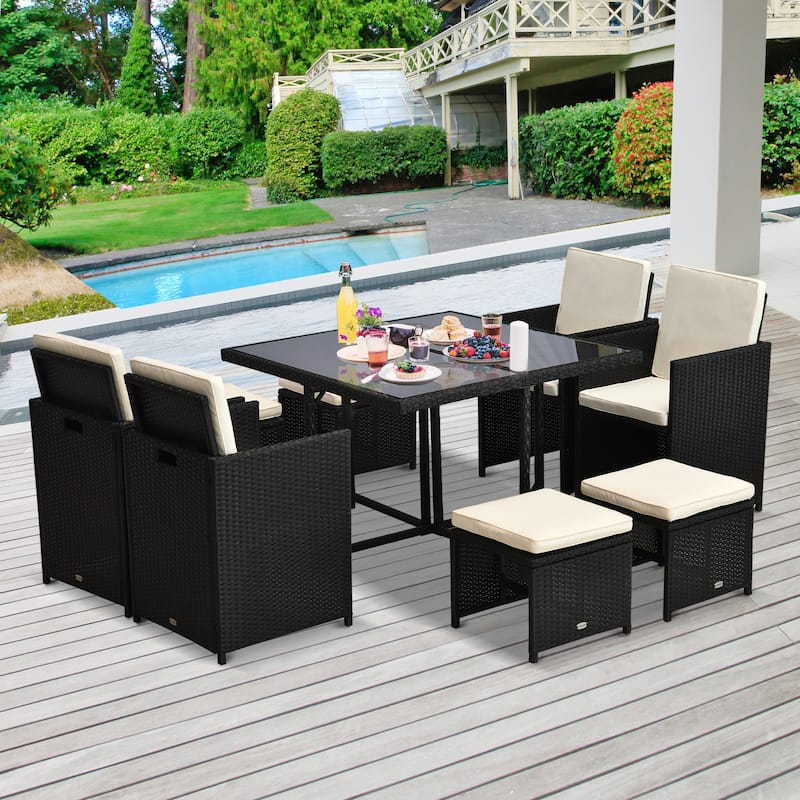 Outsunny 9 Piece Outdoor Rattan Wicker Dining Table and Chairs Furniture Set Space Saving Wicker Chairs w/ Cushions - Black, Cream White