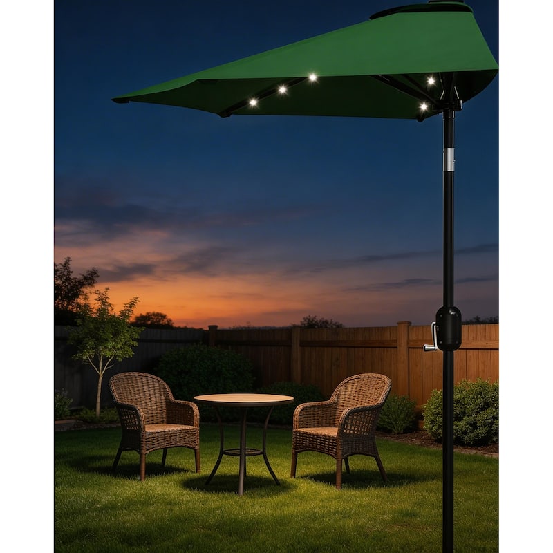 9ft Outdoor Patio Half Umbrella, with Solar LED Lights and Smooth Crank Lift - Dark Green