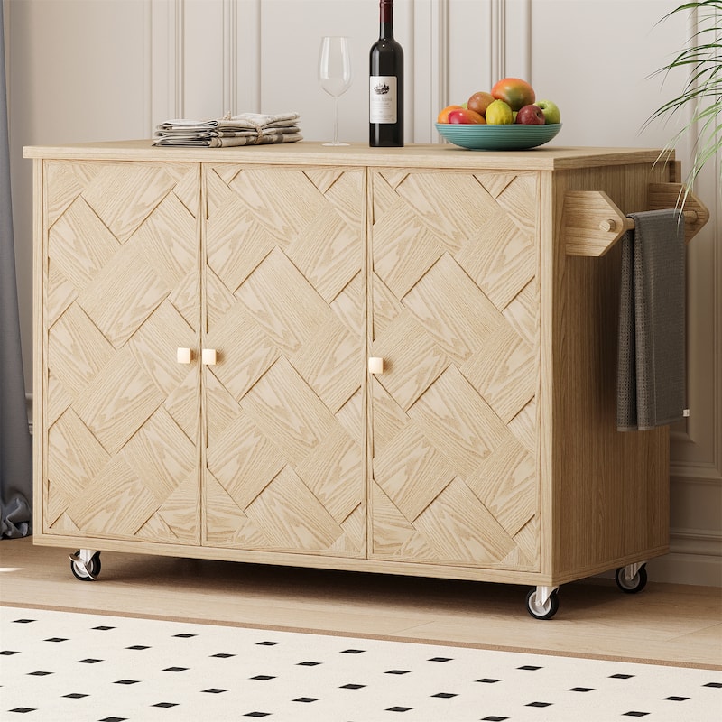 51.2" Wood Rolling Kitchen Island w/ Drop Leaf, Internal Storage Rack - Natural Wood