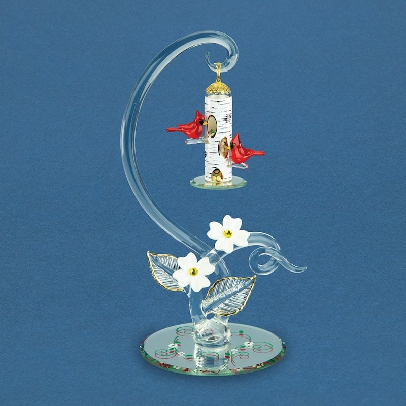 Curata Cardinals with Bird Feeder Handcrafted Glass Figurine